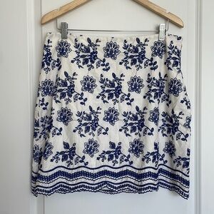 LOFT White and Blue Floral A-Line Skirt